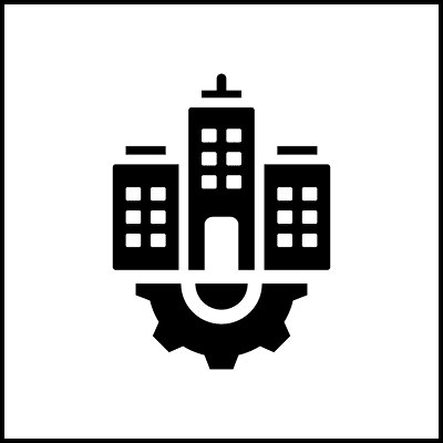 Buildings with gear icon, black and white.