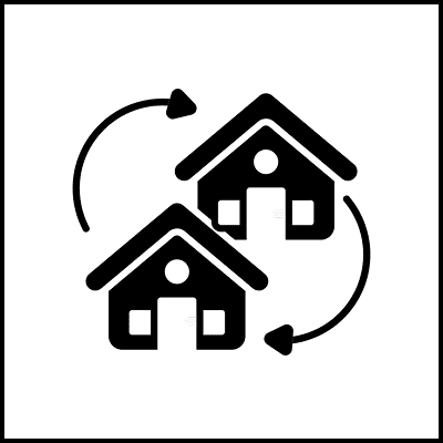 Two houses with circular arrows icon.