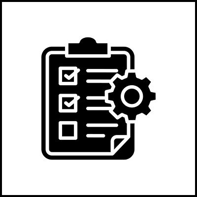 Checklist with gear icon, black and white.